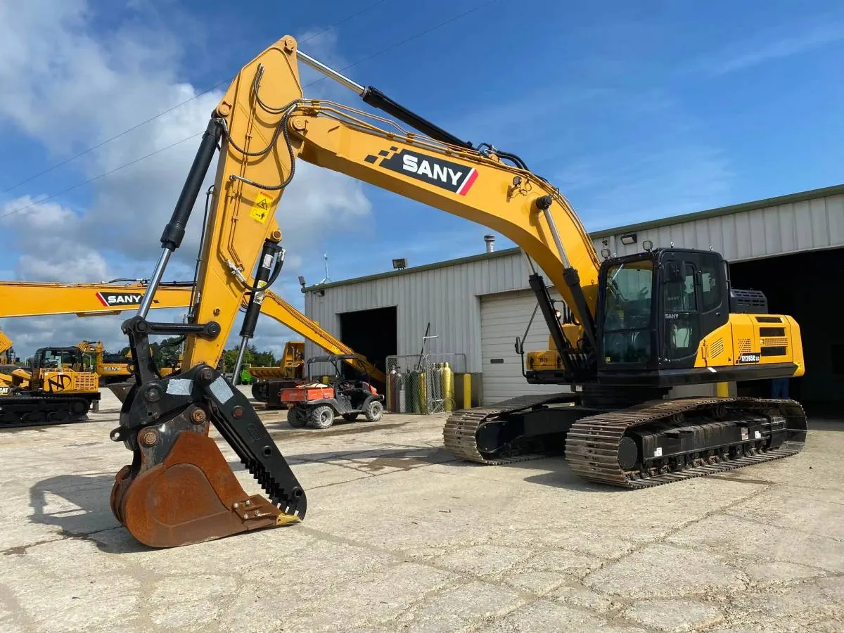 Excavator ready for hire in a supplier yard